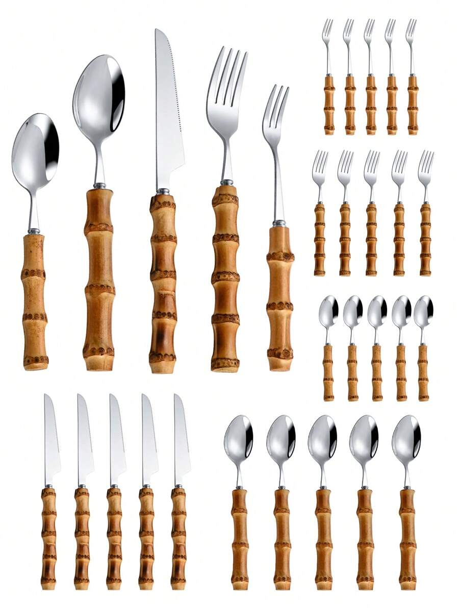 Bamboo Cutlery - 30-częściowy zestaw sztućców ze stali nierdzewnej